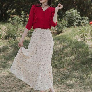 Set: Elbow-sleeve Ruffle Trim Blouse + Floral Print Midi A-line Skirt