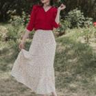 Set: Elbow-sleeve Ruffle Trim Blouse + Floral Print Midi A-line Skirt