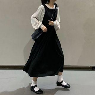 Lantern-sleeve Plain Shirt / Sleeveless Plain Dress