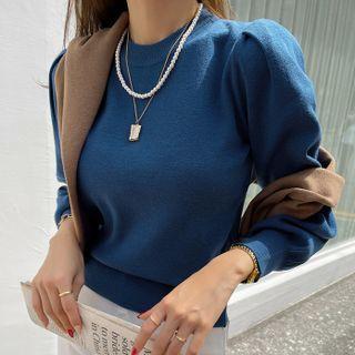 Mutton-sleeve Plain Knit Top