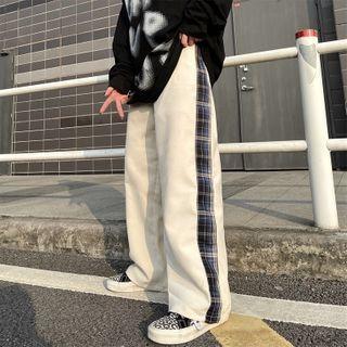 Plaid Panel Plain Straight Cut Pants