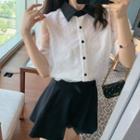 Elbow-sleeve Collared Mesh Blouse