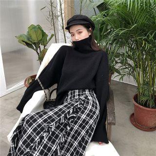 Plain Turtle-neck Loose-fit Sweater / Plaid Tweed Skirt