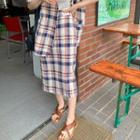 Plaid Linen Blend H-line Midi Skirt