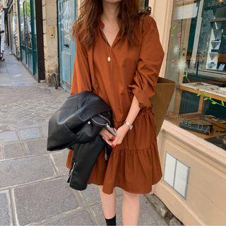 Long-sleeve Drawstring Midi A-line Dress Chestnut - One Size