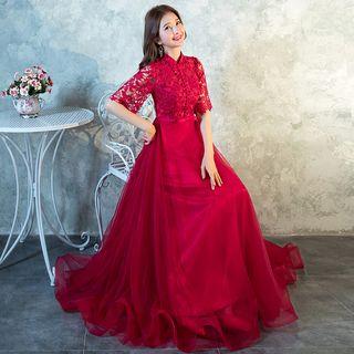 Elbow-sleeve Mandarin Collar A-line Evening Gown