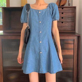 Denim Puff-sleeve Mini A-line Dress