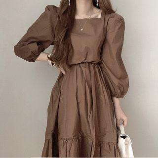 Square Neck Puff-sleeve Frill A-line Midi Dress