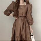 Square Neck Puff-sleeve Frill A-line Midi Dress