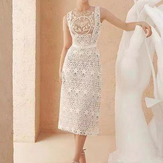Wide Strap Midi A-line Lace Dress