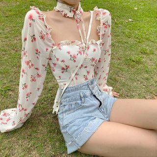 Ruffle Floral Chiffon Long-sleeve Blouse