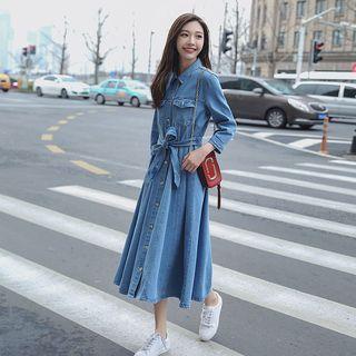 Denim Long-sleeve A-line Midi Shirt Dress