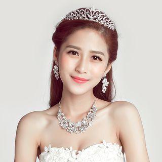 Bridal Set: Rhinestone Tiara + Necklace + Clip-on Earrings
