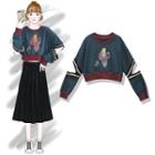 Printed Cut-out Pullover Navy Blue - One Size