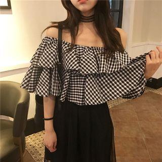 Frilled Gingham Off-shoulder Top / Mesh Midi Skirt