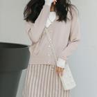 Color-block Ribbon Lace-up Long-sleeve Cardigan Mauve Pink - One Size