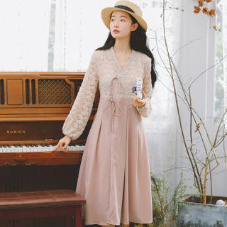 Lace Panel Balloon-sleeve Midi A-line Dress