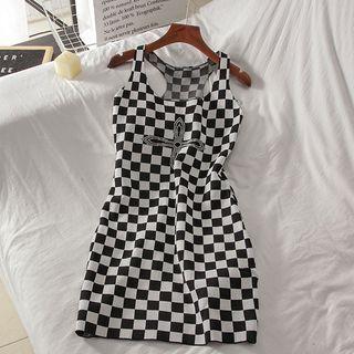 Sleeveless Checkered Mini Sheath Dress Black - One Size
