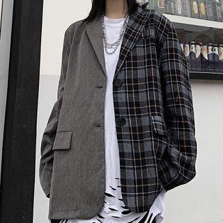 Plaid Panel Asymmetrical Two Button Blazer