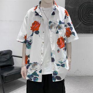 Elbow-sleeve Rose Printed Loose Fit Shirt