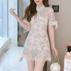Set: Short-sleeve Mini A-line Lace Dress + Shorts