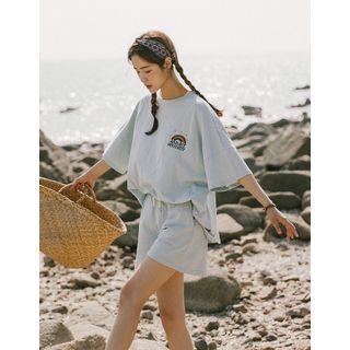 Set: Drop-shoulder Embroidered T-shirt + Drawstring-waist Shorts