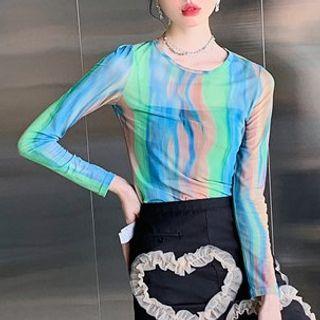 Long-sleeve Gradient Tie-dye Mesh Top Green - One Size