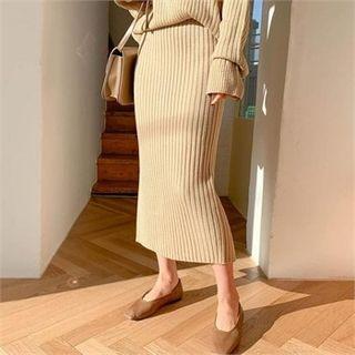 Band-waist Slit-side Ribbed Skirt