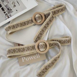 Wooden Buckled Woven Belt Beige - One Size