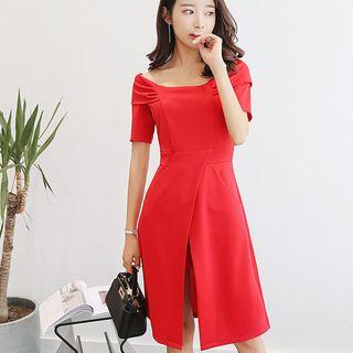 Short-sleeve Slit A-line Dress