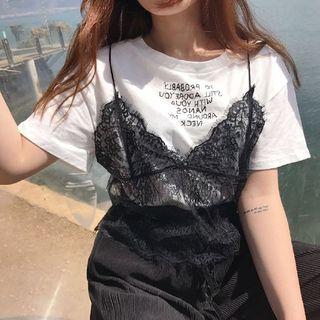 Set: Short Sleeve Printed Tee + Lace Top