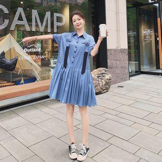 Elbow-sleeve Pleated A-line Shirtdress