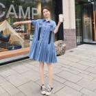 Elbow-sleeve Pleated A-line Shirtdress