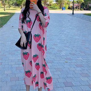 Strawberry Print Crewneck Short-sleeve Dress Pink - One Size