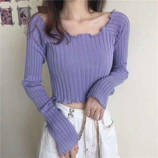 Long-sleeve Lettuce-edge Loose Fit Light Knit Crop Top