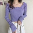 Long-sleeve Lettuce-edge Loose Fit Light Knit Crop Top