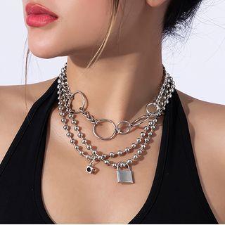 Set Of 3: Beaded Necklace + Chain Necklace Set - 3431 - Silver - One Size