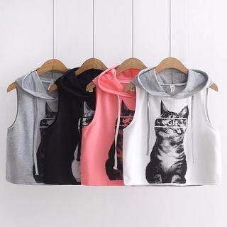 Cat Print Sleeveless Hooded T-shirt