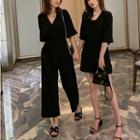 Short-sleeve Drawstring Plain Jumpsuit