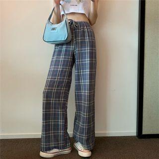 Plaid Straight Fit Pants Plaid Pants - One Size