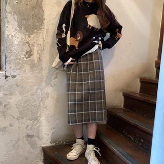 High-waist Plaid Midi A-line Skirt Plaid - One Size