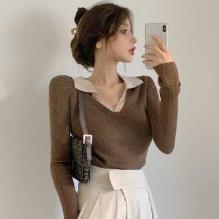 Long-sleeve V-neck Polo Knit Top