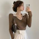 Long-sleeve V-neck Polo Knit Top