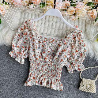 Square-neck Floral Puff Short-sleeve Cropped Shirt