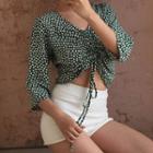 3/4-sleeve Floral Print Drawstring Crop Top