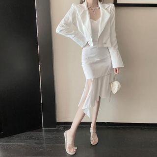 Cropped Blazer / Spaghetti-strap Asymmetrical Midi Sheath Dress