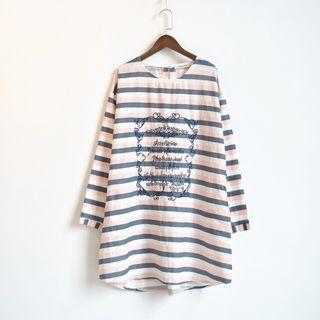 Letter Embroidered Striped Long Sleeve Dress
