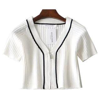 Short-sleeve Contrast Trim Zip-up Cardigan