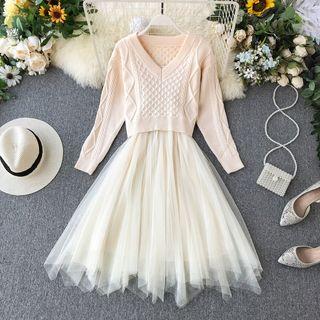 Set: V-neck Bow-back Cropped Blouse + Spaghetti Strap Midi A-line Mesh Dress Almond - One Size