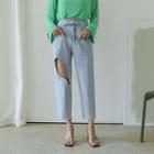 Cutout Washed Baggy Jeans & Belt